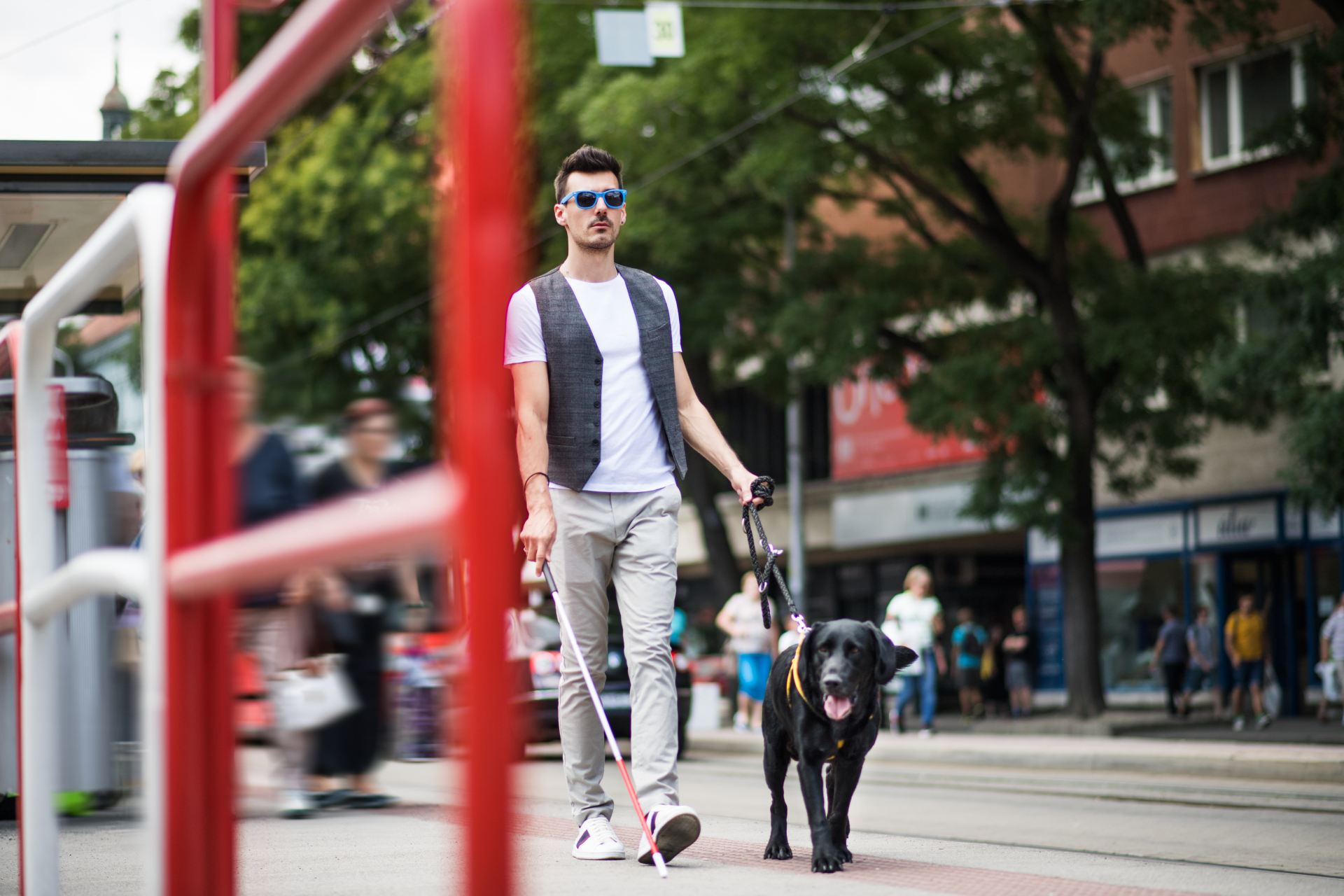Blind person walking with a dog.