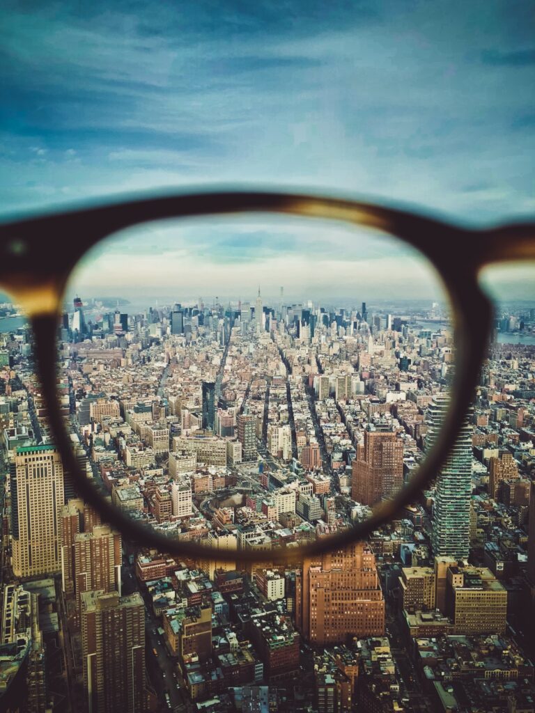 city behind glasses